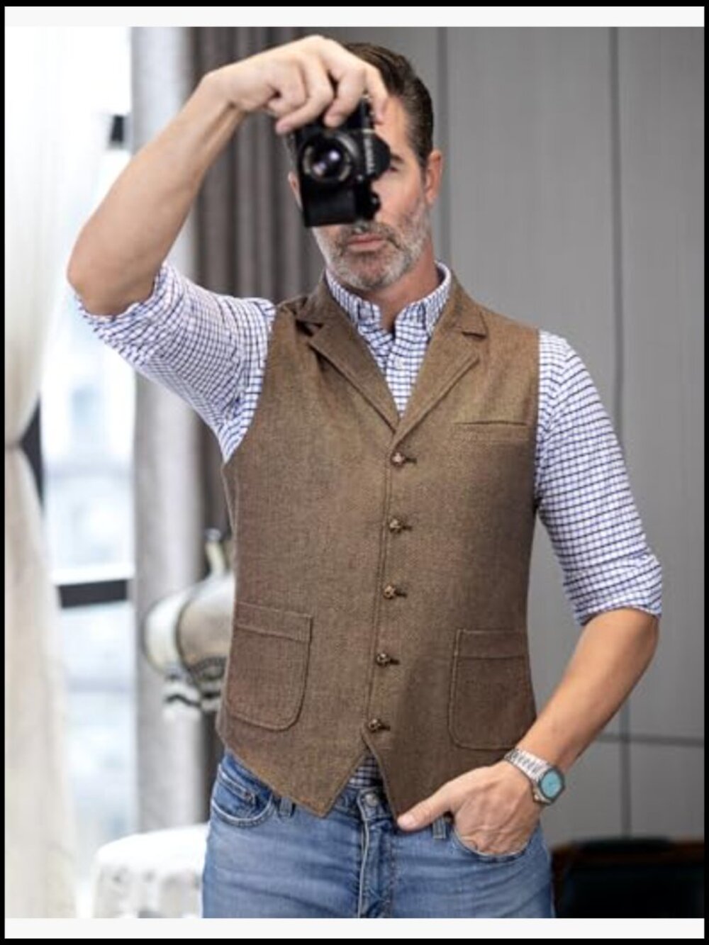 Wool Blend Tweed Vest Western Herringbone Waistcoat for Groomsman - Picture 3 of 6